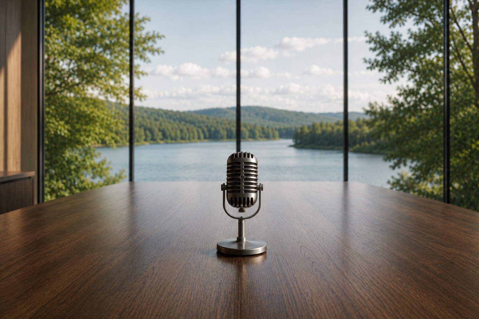 Vintage-Mikrofon auf einem Holztisch mit Blick über einen See und bewaldete Hügel